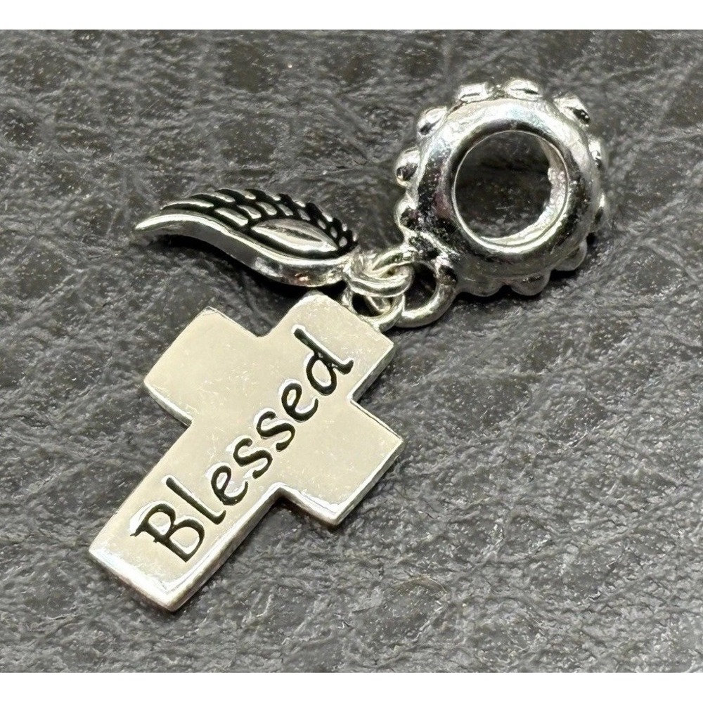 Blessed Cross Angel Wing Dangle Charm Bead European Bracelet Silver Tone